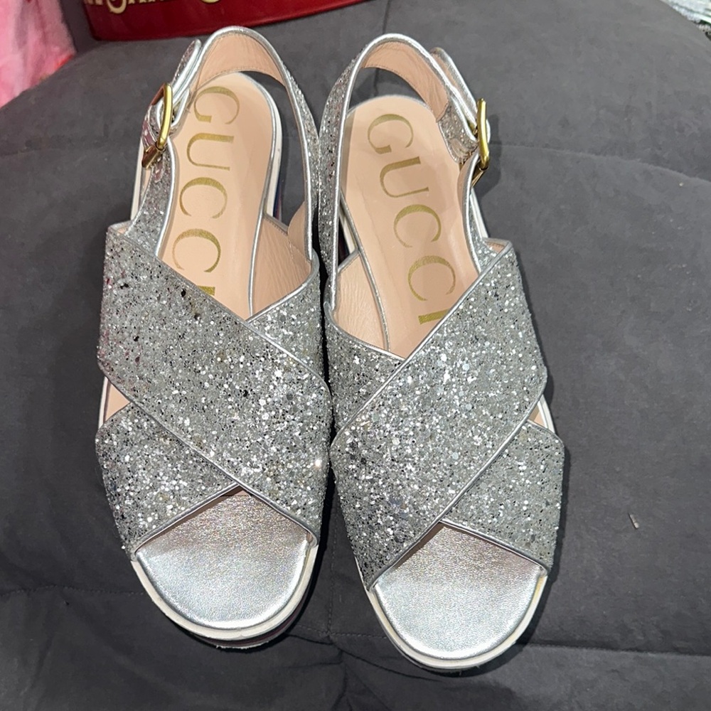 Gucci Silver Sandals with Crisscross Design